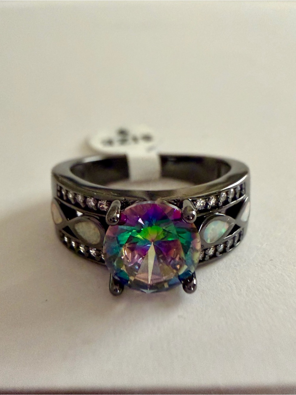 Mystic Topaz Crystal Solitaire Ring with Opal Accents